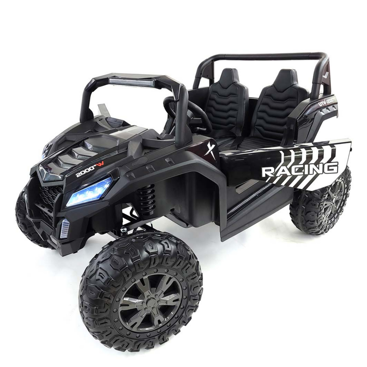 The Black 24V/180W XXL Big Kids Blade XR Ride on Buggy features large inflatable rubber tires, two ECO leather seats, LED headlights, and a RACING emblem with white stripes on its side as part of the XXL Blade XR Edition.