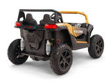 The Gold 2 Seater XXL Blade XR Edition 24V 180W Ride On Buggy UTV features an off-road design with a black and yellow color scheme, yellow roll bar, large black tires, Racing text on the side, dual seats, molded details, and rear lights.