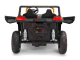 Rear view of the Gold 2 Seater XXL Blade XR Edition 24V 180W Ride On Buggy showcases open doors, large rugged wheels, visible suspension, and a centered colorful logo on the back with an XXL Blade XR steering wheel in the interior.