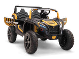 The Gold 2 Seater XXL Blade XR Edition 24V 180W Ride On Buggy UTV features rugged tires and a black-and-orange RACING design for two passengers, with realistic details like headlights and grille.