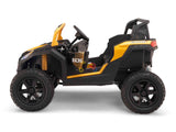 The Gold 2 Seater XXL Blade XR Edition Ride On Buggy is a sporty black and yellow toy car for kids, featuring racing stickers, large wheels, side mirrors, an open design with a steering wheel, and powered by 24V 180W. Perfect for adventurous children seeking the thrill of off-road fun.