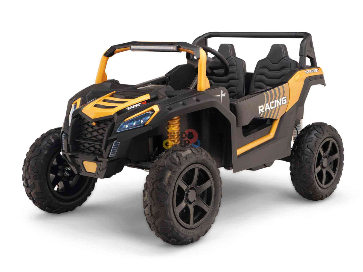 The Gold 2 Seater XXL Blade XR Edition Ride On Buggy UTV, in striking black and yellow with bold graphics, features an open-top design, large rugged tires, stylized front headlights, and a powerful 24V 180W motor—ideal for outdoor adventures with children.