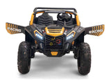 The Gold 2 Seater XXL Blade XR Edition Ride On Buggy, a 24V 180W powerhouse, features large tires, a black and yellow body with bold RACING decals, sports steering wheel, detailed headlights, and a rugged front bumper for an action-packed racing experience.