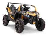 The Gold 2 Seater XXL Blade XR Edition 24V 180W Ride On Buggy UTV is an off-road toy vehicle in black and yellow, boasting large tires, racing decals, a sturdy frame, and realistic details to deliver exciting adventures for young racers.