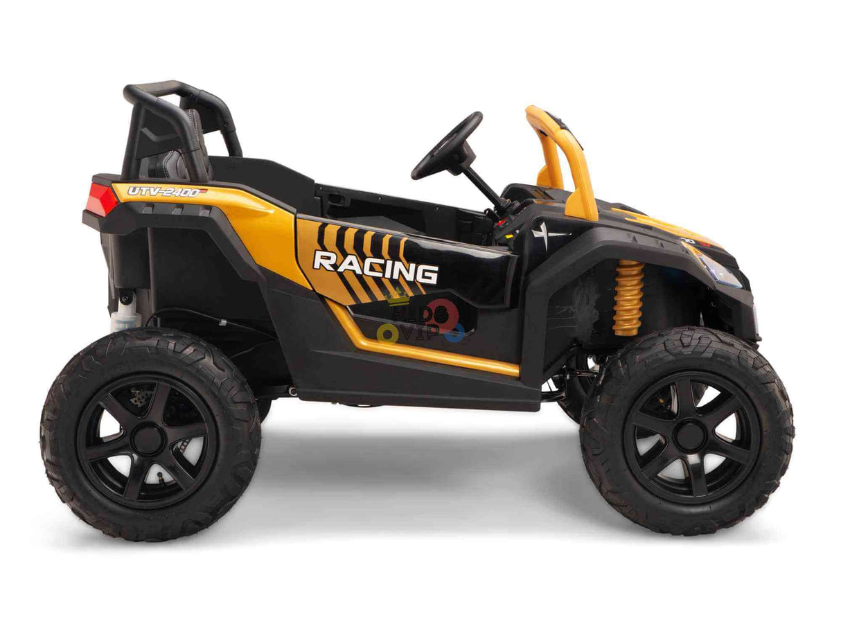 The Gold 2 Seater XXL Blade XR Edition is a black and yellow ride-on buggy with Racing on the side, featuring large black wheels, a steering wheel, and a robust frame. Its powered by a 24V 180W motor and designed to mimic an off-road vehicle.