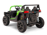 The Green 2 Seater XXL Blade XR Edition 24V 180W Ride On Buggy UTV, features a rugged black and green design with XXL wheels, ECO leather seats, side mirrors, two seats, and realistic rear suspension details in a compact format ideal for children.