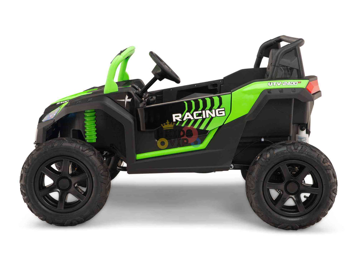 Side view of the green and black 2 Seater XXL Blade XR Edition Ride-On Buggy with large wheels, RACING and UTV-242025 decals, ECO leather seats, side mirrors, and a child-friendly seating area.