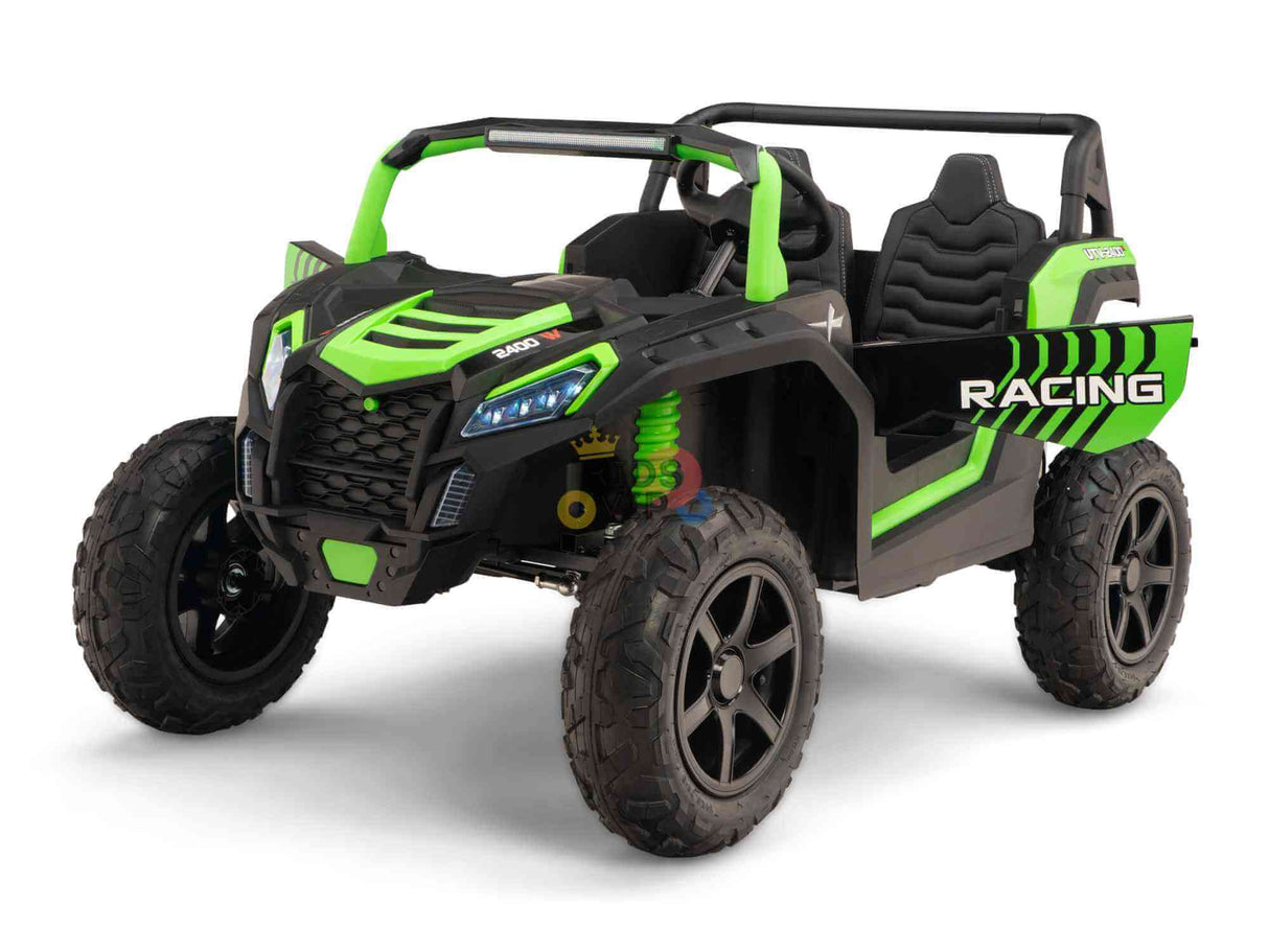 The Green 2 Seater XXL Blade XR Edition 24V 180W Ride On Buggy UTV is an off-road vehicle with RACING on the side. It features large tires, a sturdy frame, ECO leather seats for two children, bright accents, and realistic details for a sporty flair.