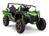 The Green 2 Seater XXL Blade XR Edition 24V 180W Ride On Buggy UTV features a rugged design with large textured wheels, a front grille, ECO Leather Seats for two, a steering wheel, and Racing on the sides, resembling its larger off-road counterpart.