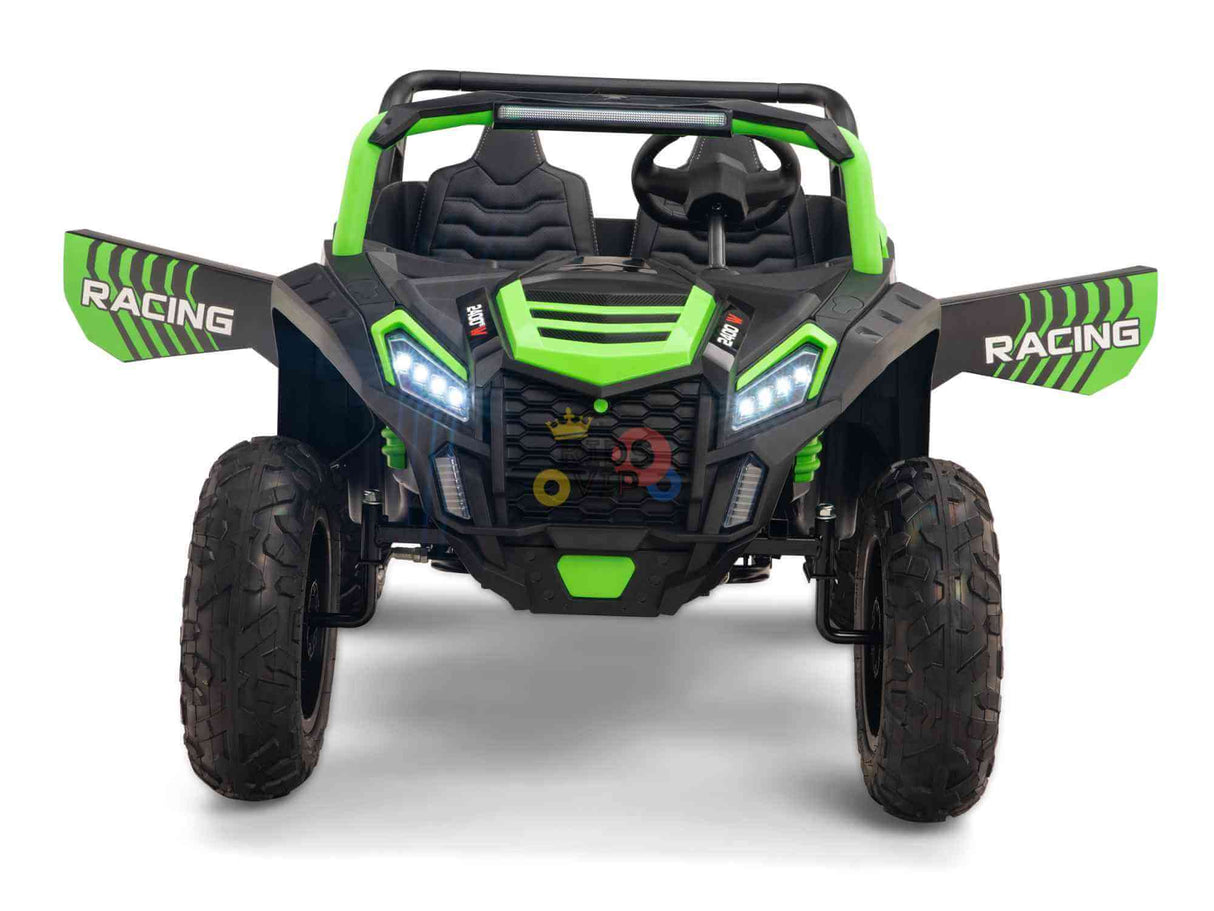 The Green 2 Seater XXL Blade XR Edition 24V 180W Ride On Buggy UTV features four large wheels, RACING on the sides, sporty eco leather seats, a steering wheel, visible suspension components, and LED-style headlights.