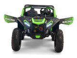 The Green 2 Seater XXL Blade XR Edition 24V 180W Ride On Buggy UTV features four large wheels, RACING on the sides, sporty eco leather seats, a steering wheel, visible suspension components, and LED-style headlights.