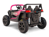 The Big Kids 24V/180W Blade XR Pink Edition Ride on Buggy, with Racing text, features large black wheels, upgraded inflatable rubber tires, two seats, a steering wheel, and visible rear suspension.