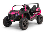 The Big Kids 24V/180W Blade XR Pink Edition Ride-on Buggy is a black and pink toy car for children, featuring large wheels with real inflatable rubber tires, bold Racing decals, a sporty design with front grille, roll bar, and two seats for added fun.