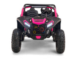 The Big Kids 24V/180W Blade XR Pink Edition Ride on Buggy showcases enhanced inflatable rubber tires, a pink and black body with LED headlights, and an open cockpit featuring a black seat and steering wheel, styled to mimic an off-road vehicle.