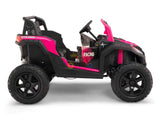 The Big Kids 24V/180W Blade XR Pink Edition Ride On Buggy has large wheels, open side doors, and a steering wheel. It features Racing and UTV 2400 decals, upgraded real inflatable rubber tires for a smooth ride, visible suspension, and a detailed dashboard.