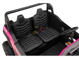 The Big Kids 24V/180W Blade XR Pink Edition Ride on Buggy features two black leather seats with a wave pattern, a steering wheel dashboard, and a sturdy roll bar. It comes with upgraded inflatable rubber tires for style and durability.