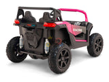 The Big Kids 24V/180W Blade XR Pink Edition Ride on Buggy features a black and pink design, upgraded real inflatable rubber tires, two seats, red taillights, a Racing label on the side, and a pink roll bar. Its shown from an angle to highlight its details.