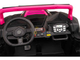 The image showcases the dashboard of a Big Kids 24V/180W Blade XR Pink Edition Ride On Buggy, highlighting a black steering wheel, pink roll bar, control buttons, and a digital display. It emphasizes upgraded inflatable rubber tires for better performance.