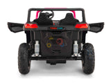 Rear view of the Big Kids 24V/180W Blade XR Pink Edition Ride On Buggy with open doors shows suspension and large rugged wheels. Features include upgraded inflatable rubber tires, a steering wheel, and dashboard.