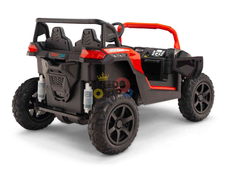 The Big Kids 24V/180W Blade XR Red Edition Ride-on Buggy, shown from the back, features ECO Leather Seats, a steering wheel, and large rugged tires that enhance its adventurous off-road design.