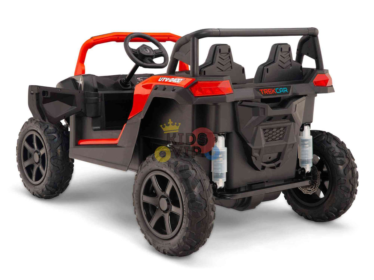 The Big Kids 24V/180W Blade XR Red Edition Ride on Buggy features red and black ECO Leather Seats, an open top, large wheels, two seats for kids, a steering wheel, rear suspension, and TREK CAR branding on the back.