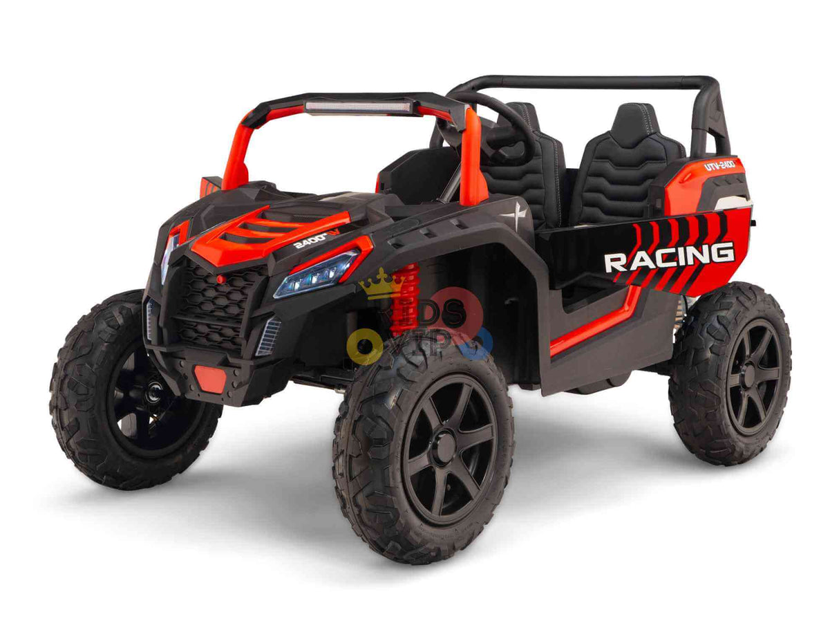 The Big Kids 24V/180W Blade XR Red Edition Ride on Buggy mimics an off-road vehicle with Racing on its black/red sides. It features rugged wheels, ECO Leather Seats, two seats, a steering wheel, and is geared for adventurous play.