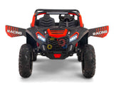 Front view of the Big Kids 24V/180W Blade XR Red Edition Ride on Buggy. It mimics an off-road vehicle with ECO Leather Seats, a red and black color scheme, rugged tires, and RACING on the sides, providing a sporty look with realistic details.