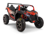 The Big Kids 24V/180W Blade XR Red Edition Ride on Buggy is a miniature toy racing car in red and black with rugged wheels, Racing on the side, ECO leather seats in an open-top XXL design, featuring two seats and a steering wheel for an authentic experience.