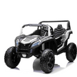 The White 24V/180W XXL Big Kids Blade XR Ride On Buggy mimics an off-road vehicle with its black and white design, four inflatable rubber tires, and a two-seat open cabin. It features headlights and a Racing decal for added style.