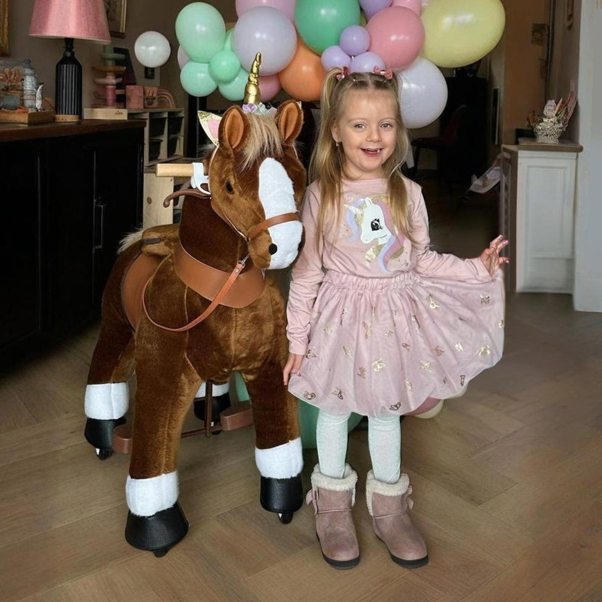 Toddlers Brown Indoor/Outdoor Ride-On Pony with Cushioned Seat, Anti-Slip Wheels (Ages 4–7)