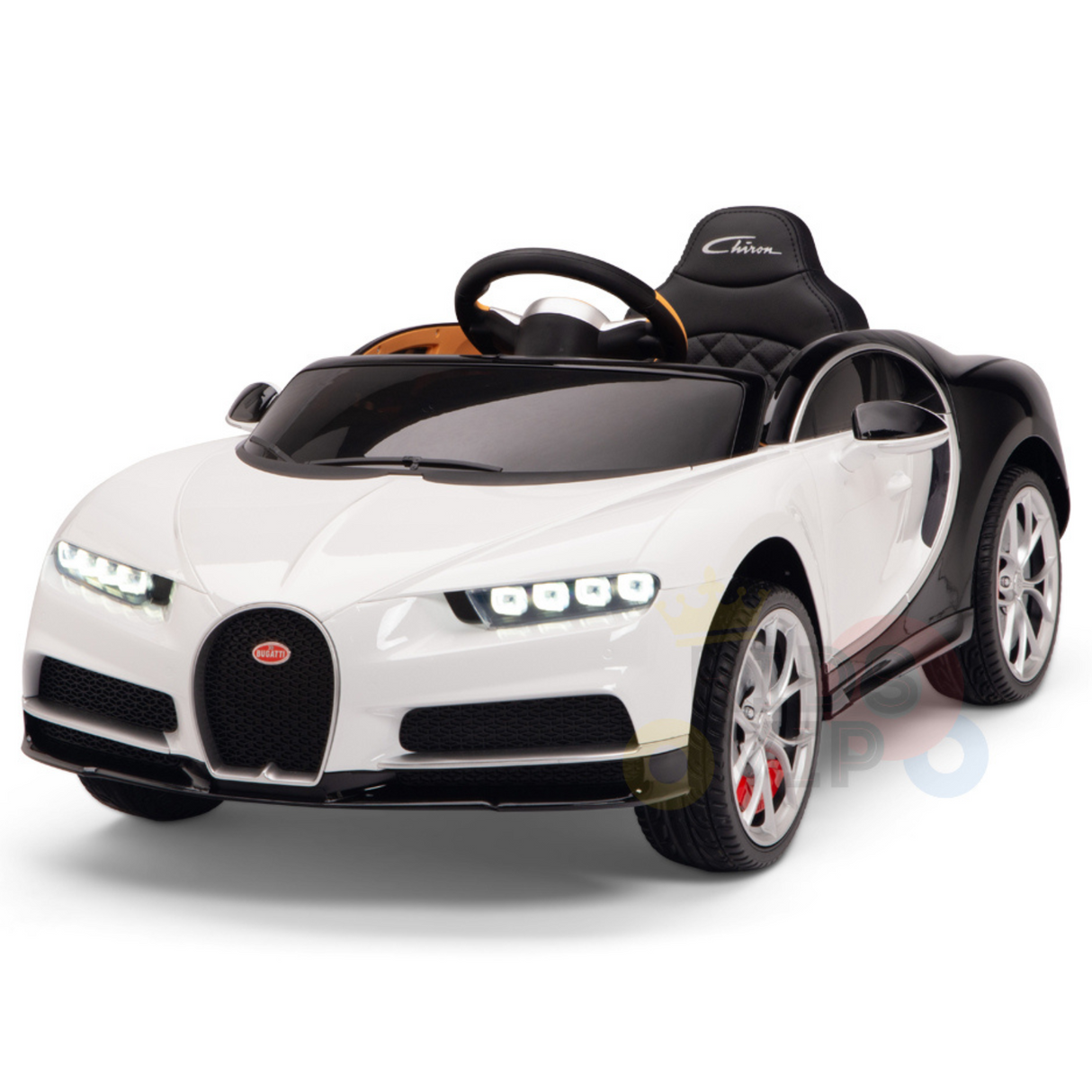 The White 12V Bugatti Chiron Kids Licensed 1 Seater Ride On Car boasts a sleek design with black seats, detailed headlights, red wheel accents, rubber wheels for a smooth ride, and offers both child-sized steering and pedals alongside remote control for enhanced safety.