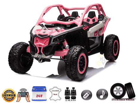 Introducing the stylish Pink 2x24V/2WD Official Can-Am Maverick Ride on Buggy, LX Performance. This sleek two-seater toy car features EVA rubber wheels, leather seats, sound system, radio, USB port, and remote control for endless adventures inspired by Dakar champions.