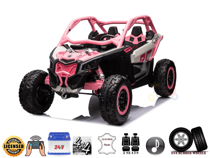 The Pink 2x24V/4WD Official Can-Am Maverick Ride on Buggy, LX Performance is an off-road toy vehicle with a roll cage and headlights. It features two leather seats, EVA rubber wheels, 4x4 drive, remote control, and icons for easy reference at the bottom.