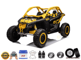 Introducing the upgraded Yellow 2x24V/2WD Official Can-Am Maverick Ride on Buggy, LX Performance, featuring a licensed design, leather seats, USB connectivity, music capabilities, EVA rubber wheels, and a 2-year bumper-to-bumper warranty.