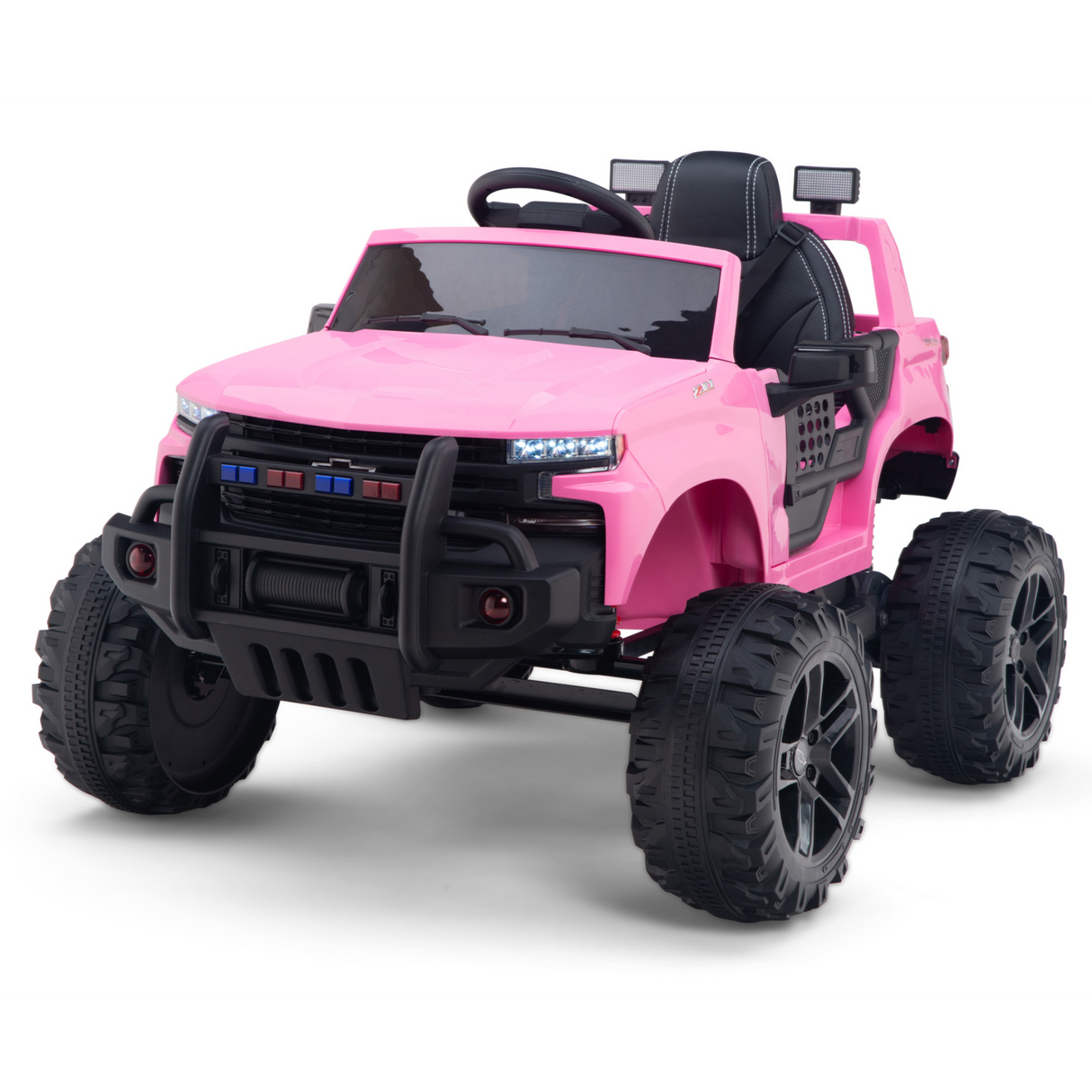 The Pink 24V Chevrolet Silverado Kids Licensed 1-Seater Ride-On offers oversized black wheels, a black grille, faux headlights, and a black seat and steering wheel. It creates a rugged off-road vibe perfect for adventurous children in their stylish pink ride-on truck.