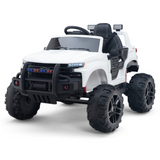 The White 24V Chevrolet Silverado Kids Licensed 1 Seater Ride On Lifted Truck features a rugged off-road design, oversized black tires, police-style grill lights, and a sturdy black roll bar. Inside, it has a steering wheel and comfortable black seats for young adventurers.