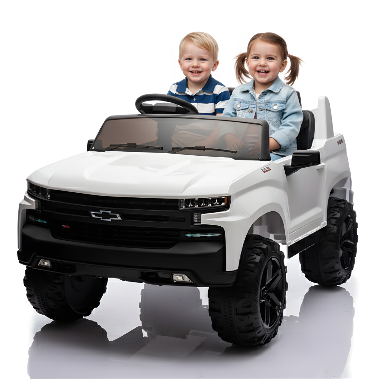 White 24V Chevrolet Silverado Kids Licensed 2 Seater Ride On Truck with Music, Rc