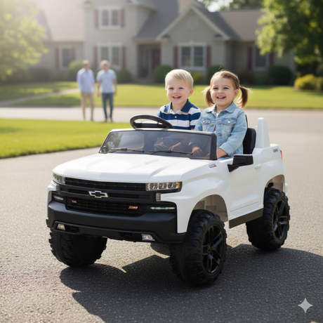 White 24V/4WD Premium Chevrolet Silverado Kids Licensed 2 Seater Ride On Truck with RC