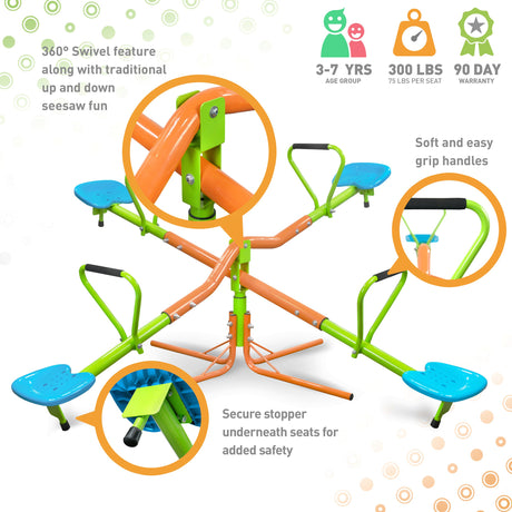 XSS004 Outdoor Playground Seesaw with 360-Degree Rotation for Kids, Sturdy Plastic Seats in Blue and Green