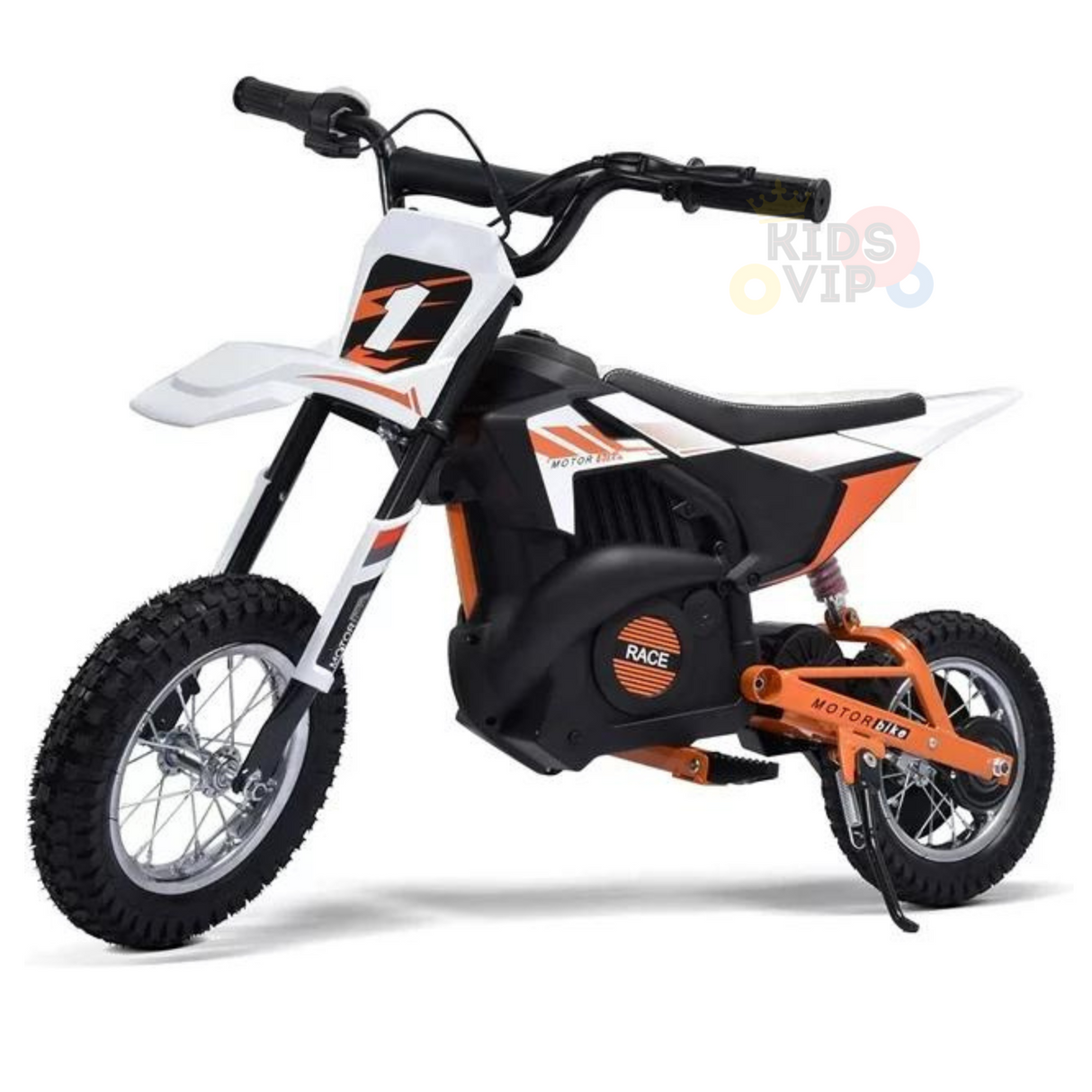 The 24V/250W SuperMoto Off Road Edition Dirt Bike is perfect for kids off-road adventures, featuring a bold white and orange design, number 1 front plate, black handlebars and thick tires, Race on the battery, and Motofun on the pedal.