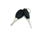 Two black car keys with silver metal blades are set on a white background. With rounded black fobs, theyre attached to a small metal ring, ideal as 12V Mercedes GLC 2 Seater replacement keys for realistic play with your ride-on car.