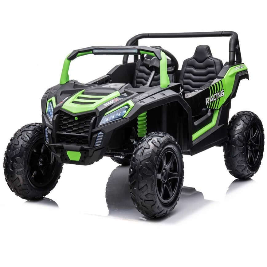 The Green 2 Seater XXL Blade XR Edition 24V 180W Ride On Buggy UTV features a rugged design with large wheels, Racing decals, two ECO leather seats, and a roll cage.