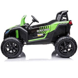 The Green 2 Seater XXL Blade XR Edition 24V Ride On Buggy UTV features large tires, Racing on the side, a steering wheel, sturdy roll bar, and visible suspension springs against a white background.