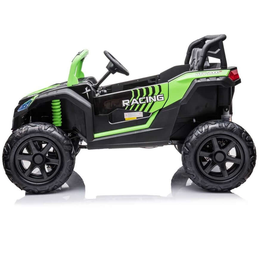 The Green 2 Seater XXL Blade XR Edition 24V 180W Ride On Buggy UTV is a battery-operated toy racing car for children, featuring large wheels and a sporty design with Racing on the side, plus ECO leather seats, perfect for outdoor play.