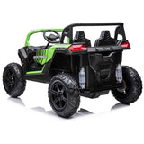 The Green 2 Seater XXL Blade XR Edition 24V 180W Ride On Buggy UTV features large tires, a roll bar, ECO Leather Seats, and the word RACING on its side. It showcases detailed seating and suspension elements for comfort and style.