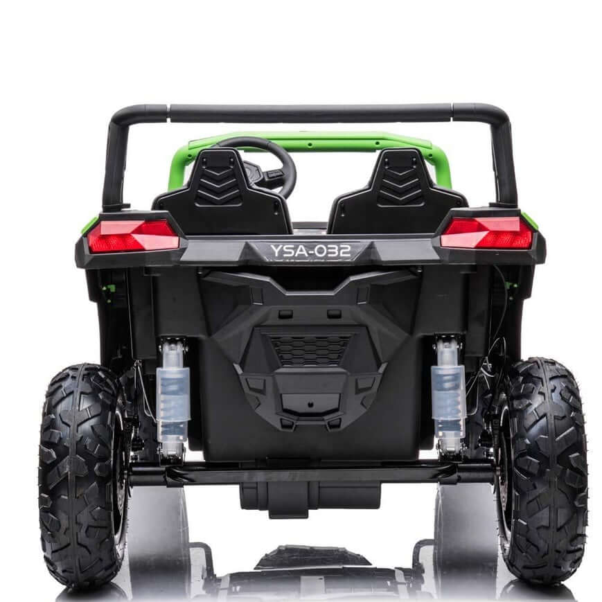 A black and green XXL Blade XR Ride On Buggy is shown from the back, featuring large wheels, suspension springs, ECO Leather Seats, a steering wheel, and a YSA-032 license plate. This Green 2 Seater offers an exhilarating ride with 24V 180W power.