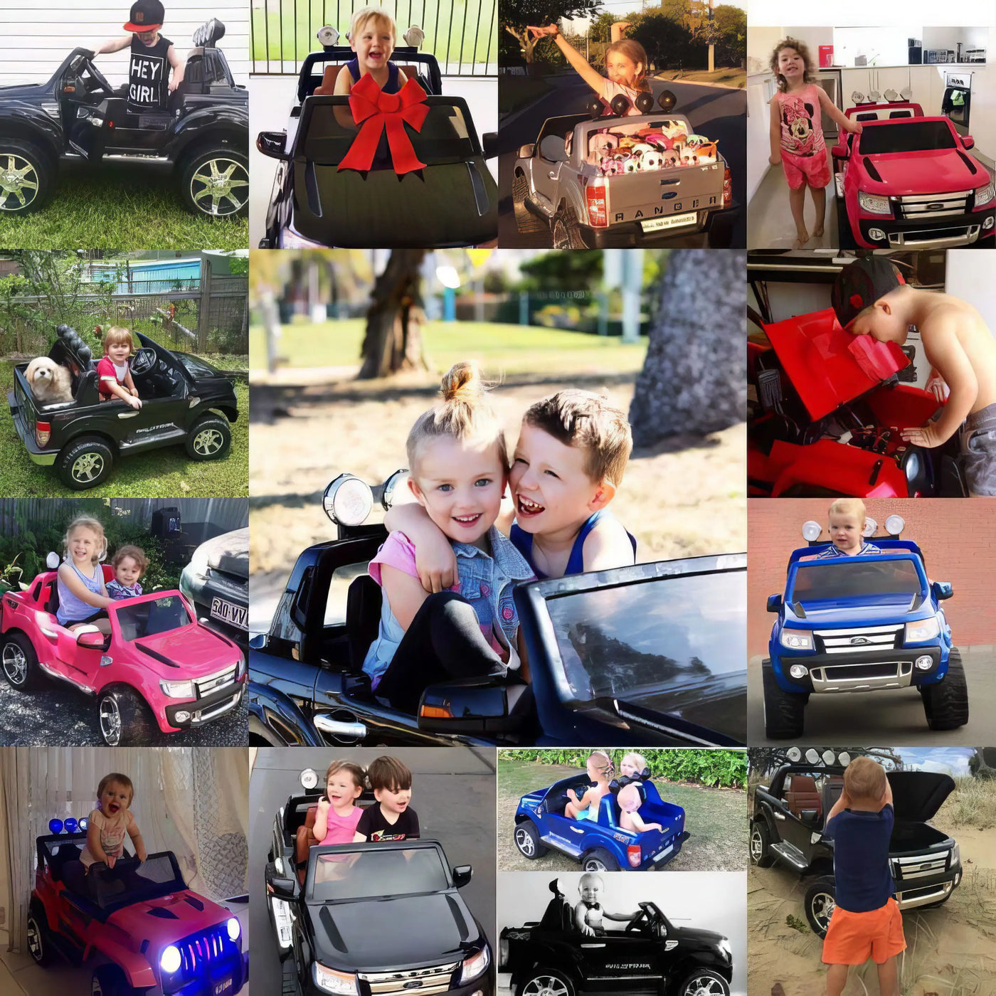 A collage of children playing with miniature toy cars. The images show kids driving, sitting, and posing in and around the cars. The cars are in various colors and some have decorative bows or balloons.