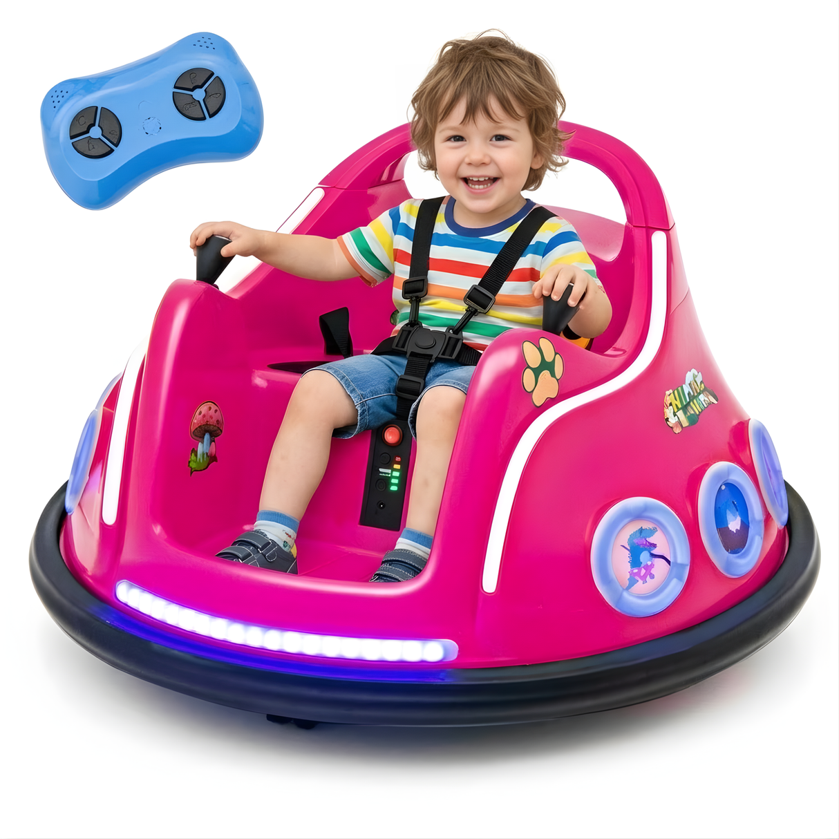 Pink 12V 360° Spin Electric Rechargeable Ride-On Bumper Car with LED Lights, Music, Remote Control