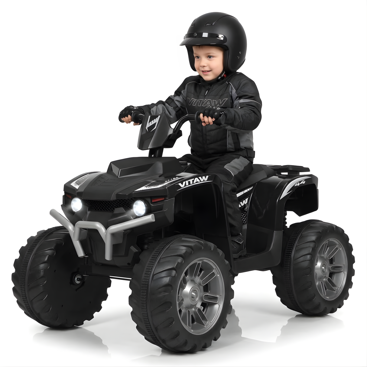Black 12V Ride-On Quad ATV with LED Lights, Treaded Tires
