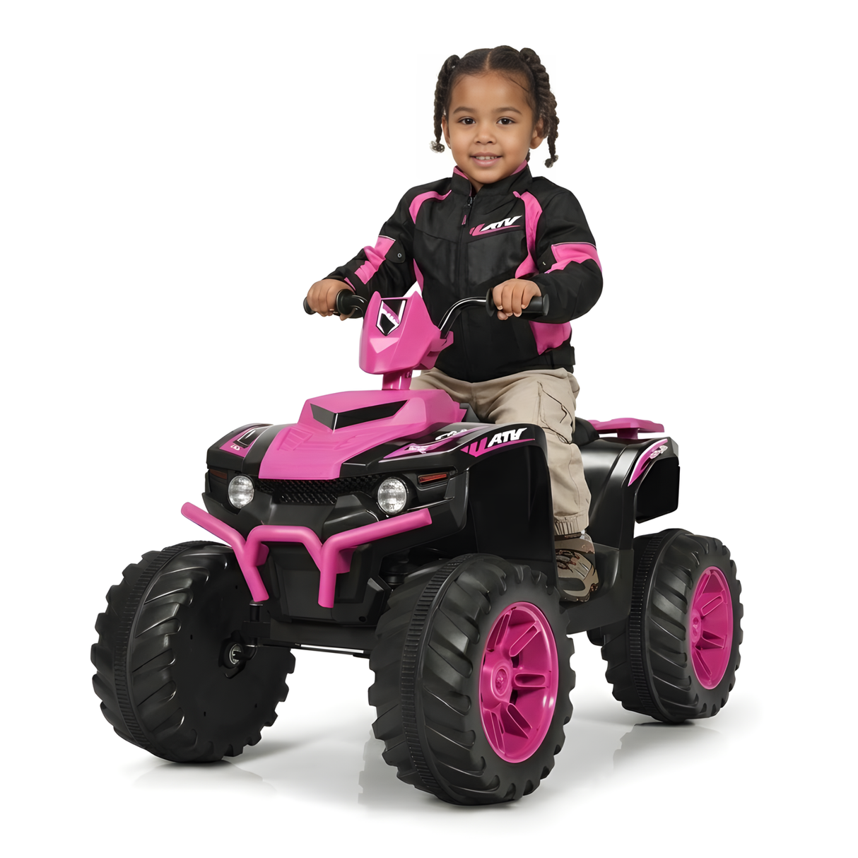 Pink 12V Ride-On Quad ATV with LED Lights, Treaded Tires